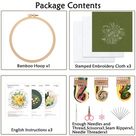 Glowjoy Embroidery Set for Beginners, Floral Pattern Plant Embroidery Kit for Starter Embroidery Kit, with 1 Piece Bamboo Embroidery Hoop, Instructions, Colour Threads and Tools, Cross Stitch Set for