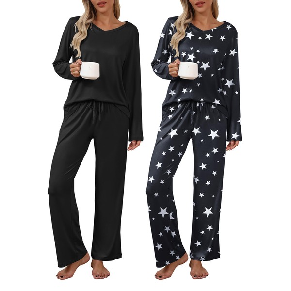 Ekouaer Womens 2 Pack Pajama Set Long Sleeve Pajamas Top