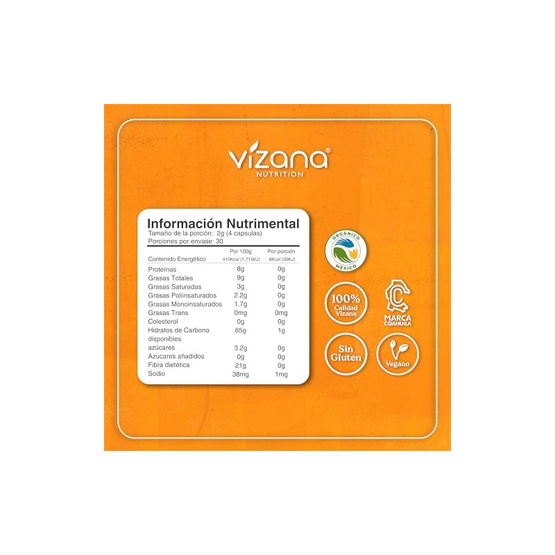 VIZANA NUTRITION Crcuma Natural en Cpsulas HPMC Vegetarianas, adicionada con