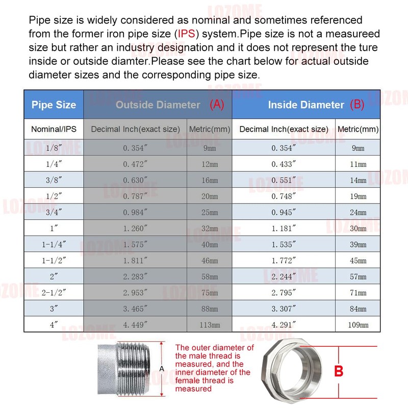 LOZOME 1/2" Union Pipe 304 Stainless Steel NPT Female Thread