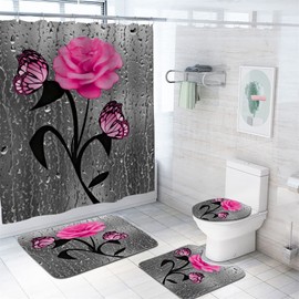 BXFUL 4 Piece Waterproof Shower Curtain Set for Bathroom-Rose-Non-Slip Bath Mat and 12 Hooks,Curtain Set with Rug,Toilet Lid Cover Bathroom Decoration (Pink)