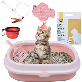 Suhaco Kitten Starter Kit for Indoor Kittens 7 Pcs Litter Box with Cat Litter & Litter Scoop Teaser Wand Licking Mat Bath Brush 7 in 1 Cat Litter Box (Pink)