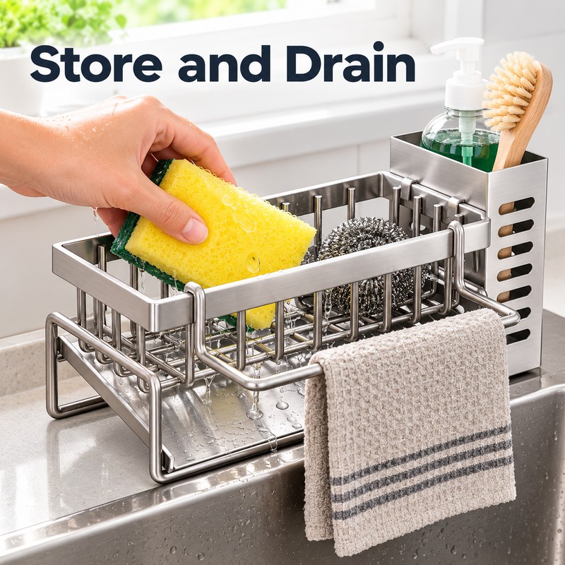 Stainless Steel Sink Cleaning Tools Storage Rack – Multifunctional Drainable