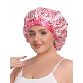 Vettres Double Layer Satin Hair Bonnet with Eye Mask Silk Sleep Cap with Tie Head Wrap for Curly Natural Hair Pink Strawberry