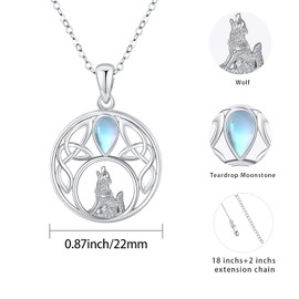 Wolf Necklace 925 Sterling Silver Celtic Chain Moonstone Pendant Wolf Necklace Jewellery Gifts for Women, Sterling Silver, Moonstone