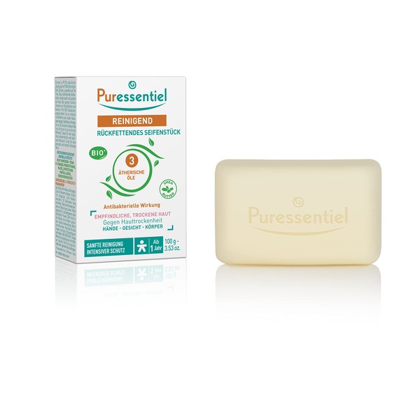 Puressentiel - Cleansing - Replenishing soap with 3 organic essential oils - Face, hands and body - Dry, sensitive and reactive skin - Cleans and protects - 100 g