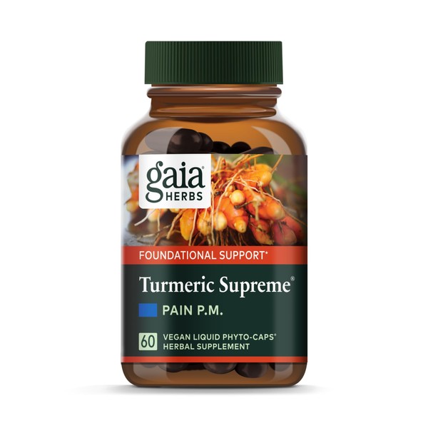 Gaia Herbs Turmeric Supreme Discomfort P.M. - Helps Provide Nighttime Comfort to Support More Restful Sleep - with Tumeric Curcumin, Kava, Valerian, Feverfew - 60 Liquid Phyto-Capsules(30-Day Supply)