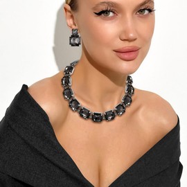 Ever Faith Square Crystal Statement Jewelry Sets for Bride, Sparkly Rhinestone Choker Necklace Earrings Set for Women Grey Silver-Tone