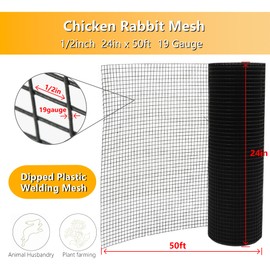 elfinrm Hardware Cloth 24 in x 50 ft 1/2 in, Chicken Wire Fence (19 Gauge), Galvanized Welded Cage Wire Mesh Roll for Chicken Coop, Screen mesh, Rabbit Fence and Poultry Enclosures (Black)