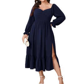 SCOMCHIC Womens Plus Size Cocktail Wedding Guest Dress Sweetheart Neckline Long Sleeve Smocked Ruffle Slit Maxi Dresses Navy Blue