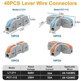 Linkstyle 40PCS Lever Wire Connectors Kit 28-12 AWG, 3 Way T Shape Wire Connectors Electrical Splicing Kit and 1 in 1 Out DIY Mini Compact Wire Conductor Quick Splitter