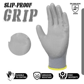 HANDLANDY 12 Pairs PU Coated Nylon Black Protective Work Gloves, Non-slip Flexible Gloves for Construction, Warehouse, Gardening (Grey, Medium)