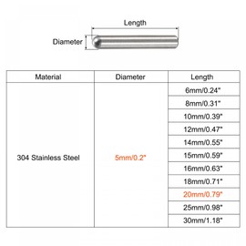 sourcing map 5 x 20 mm Dowel Pins 304 Stainless Steel Round Head Flat Fastening Elements Pack of 20