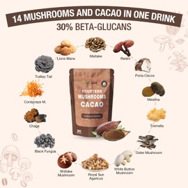 Mushroom Coffee Alternative 14 in 1 - 30 Servings, Cacao with 800mg Mushrooms - Lion's Mane, Reishi, Maitake, Turkey Tail, Chaga Fruiting Body Extract, 30% Beta-Glucan for Focus & Energy Support, 7.6 oz