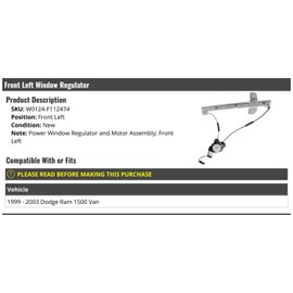Front Left Driver Side Power Window Regulator with Motor - Compatible with 1999-2003 Dodge Ram 1500 Van