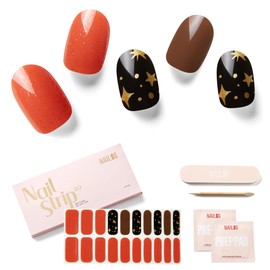 NAILOG Semi Cured Gel Nail Strips - 20 Pcs Orange Red Black Gel Nail Stickers Extra Long Nail Wraps with Glossy Gel Finishing, Sienna Myth