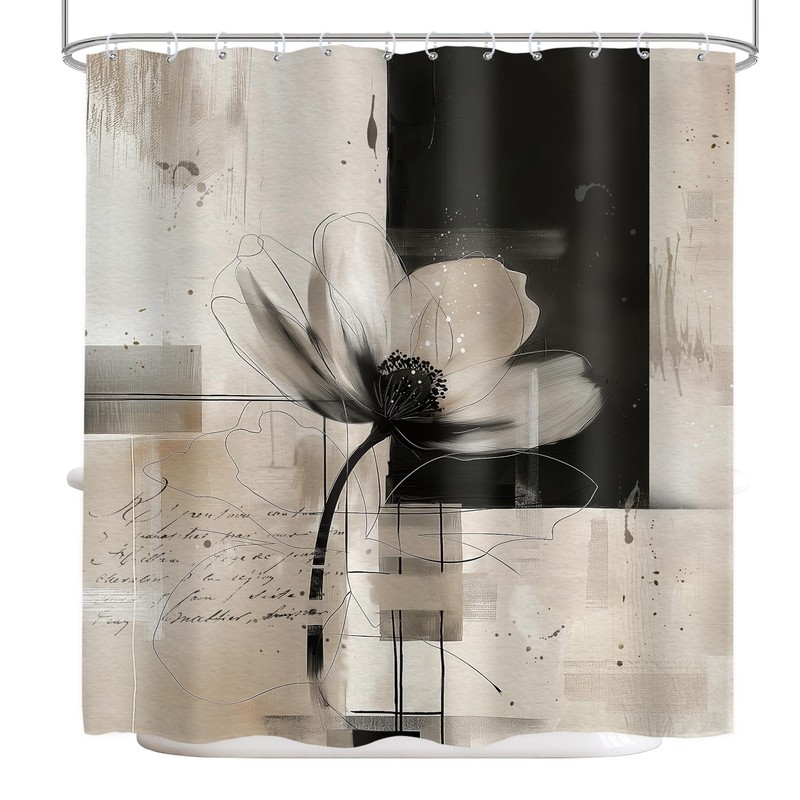 LIGHTINHOME Abstract Flower Shower Curtain 72x72 Black Tan Bathroom Decor