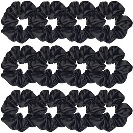 12 Pcs Satin Silk Scrunchies Soft Hair Ties Fashion Bands Bows Ropes Elastic Ponytail Holders Accessories for Women and Girls (4.3 Inch, Black)