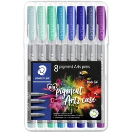 STAEDTLER 371 Pigment Brush Pens | Pigment Arts Adult Fibre-Tip Colouring Pen | Ideal for Calligraphy, Brush Lettering, Drawing, Illustrations | Beginners to Professionals (Wallet of 8, Blue Set)