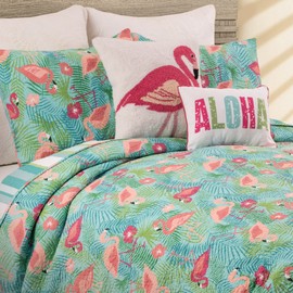 C&F Home Isla Tropics Flamingo Palms Coastal Tropical Paradise Nautical Beach Twin Bed 2 Piece Reversible Bedding Cotton Quilt Set Twin Green