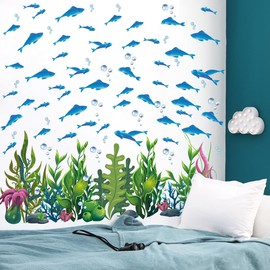 RAINBOW WSK Ocean Blue Fish Wall Decals Under The Sea Fish Bubble Wall Stickers Removable Green Seaweed Coral Plants Wall Mural Decor for Kids Bedroom Nursery Bathroom Classroom