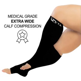 Zeta Wear Compression Stockings Thick Calf Short Length Soothing Comfortable Prevent Swelling Pain Edema DVT Large Cuffs with Open Toe Sock, black