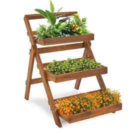 TREATLIFE HOME Maximize Space with 3-Tier Plant Stand, Foldable Compact Indoor/Outdoor Display Rack, Solid Acacia Wood