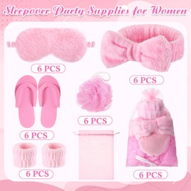 Moucuny 42 Pcs Spa Sleepover Party Supplies Bulk for Women Include 6 Pink Hairbands 6 Eye Masks 12 Wristbands 6 Bath Loofahs 6 Pairs Disposable Slippers 6 Organizer Bags for Slumber Party (Classic)