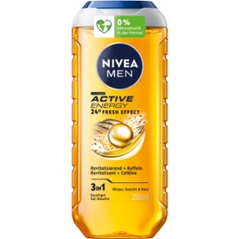 NIVEA MEN Active Energy 3-in-1 Shower Gel, Body Face Hair Wash with Caffeine, 8.4 fl oz