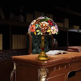 FUMAT Bedside Table Lamp LED E26 Bulb Tiffany Stained Glass Grape Rose Handmade Shade ON Off Switch 12 Inch Bedroom Home Deco Light