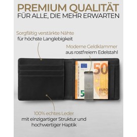 Lederhand iSlim Wallet - Smooth Leather Wallet with Money Clip and Coin Compartment, 9 Card Slots Premium Wallet - Slim Wallet with RFID NFC Protection - Colour Black