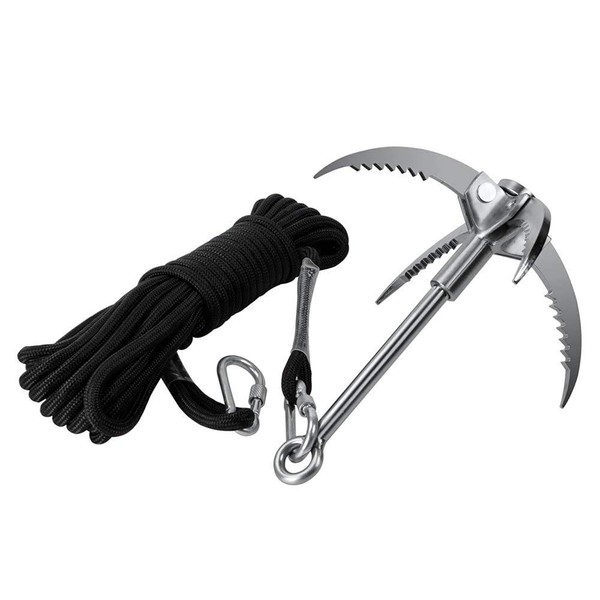 Cyfie 3-Claw 4-Claw Sawtooth Grappling Hook, with 10m/33ft 8mm Auxiliary Rope Stainless Steel Claw Carabiner for Outdoor Activity Magnet Fishing Tool