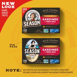 Season Brisling Sardines in Tomato Sauce - Wild Caught, 17g of Protein, Keto Snacks, More Omega 3's Than Tuna, Kosher, High in Calcium, Canned Sardines, One Layer - 3.75 Oz Tins, 6-Pack
