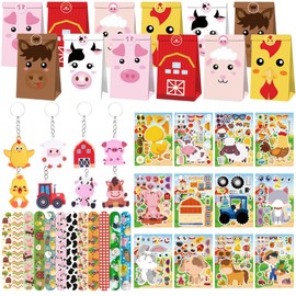 BACH AND BOUJEE 62 Pieces Farm Party Bag Filler Farm Animal Hat Sticker Key Ring Bracelet Keyring Gift for Birthday Party Baby Shower Goodie Bag Fillers Accessories