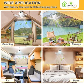 DIGLED Battery Operated Ceiling Fan: 11" Portable Camping RV Tent Fan with Lights - Outdoor Hanging Rechargeable 8000mAh - Hook Type Remote Fans for Gazebo Patio Canopy Beach Dormitory Bedroom 5V/2A