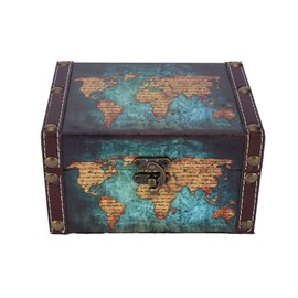 Wooden Treasure Chest Vintage Storage Box 7 Inch Map Pattern Jewelry Organizer Case with Lid, Keepsake Box for Trinkets, Prop, Gift(Green Map)