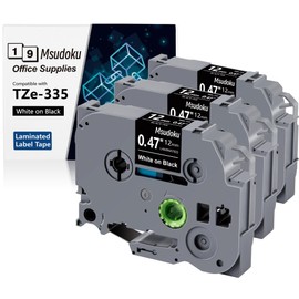 Msudoku Tze Tz Tape 12mm 0.47 Laminated Black Compatible for Brother P Touch Label Maker Tape TZe-335 TZe335 Label Tape for PT D200 D210 D220 D400 Cube, White on Black, 1/2 Inch x 26.2 Feet, 3-Pack