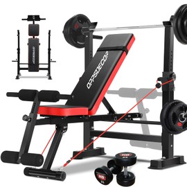 OPPSDECOR 600LBS 6 in 1 Weight Bench Set, Adjustable Bench Press Set and Squat Rack, Foldable Workout Benches for Home Gym, Incline Decline Flat Sit Up Strength Training Bench