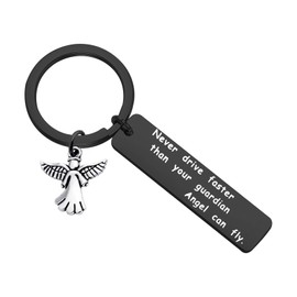 PLITI Never Drive Faster Than Your Guardian Angel Can Fly Keychain Guardian Angel New Driver Driving License Key Chain Father¡¯s Day Gift (Never drive faster blCA)