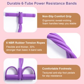 Pedal Resistance Bands with Handles, Durable 6-Tubes Elastic Pedal Resistance Band, Rubber Multifunction Fitness Bands for Abdomen, Waist, Arm, Leg, Suitable for Women & Men, Pink
