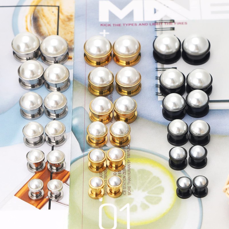 Qmcandy 2pcs Stainless Steel Pearl Ear Tunnels Double Flared Screw