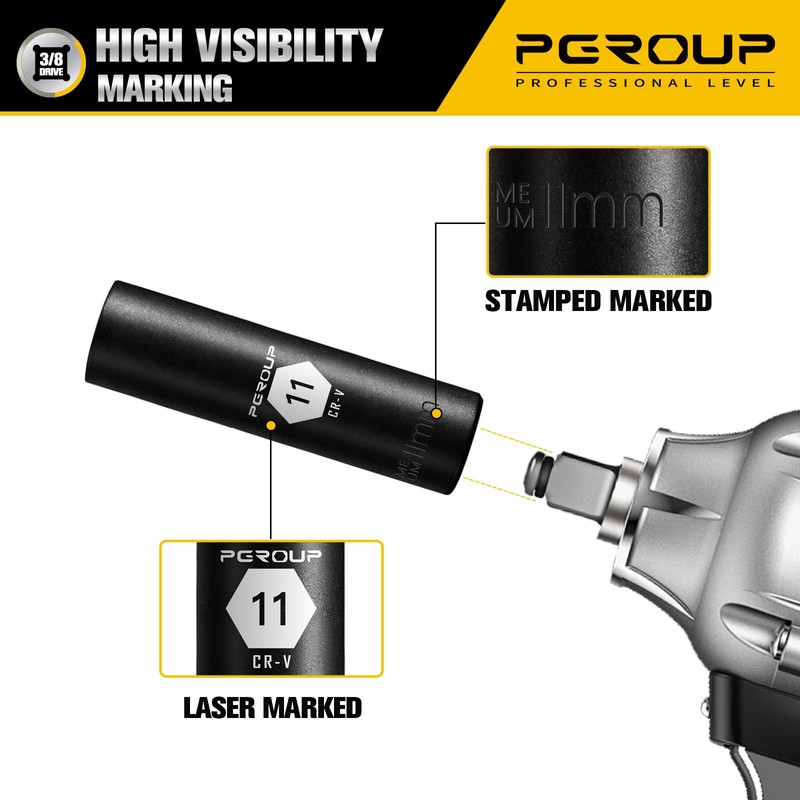 PGROUP 3/8” Drive Deep Impact Socket, Metric(11mm socket), 6-Point, Cr-V