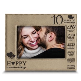 BELLA BUSTA-Happy 10th Anniversary-10 Years of Marriage,Months, Weeks, Days, Hours, Weeks, Minutes, Seconds- 10 Years Engraved Leather Picture Frame (5"x 7" Horizontal)