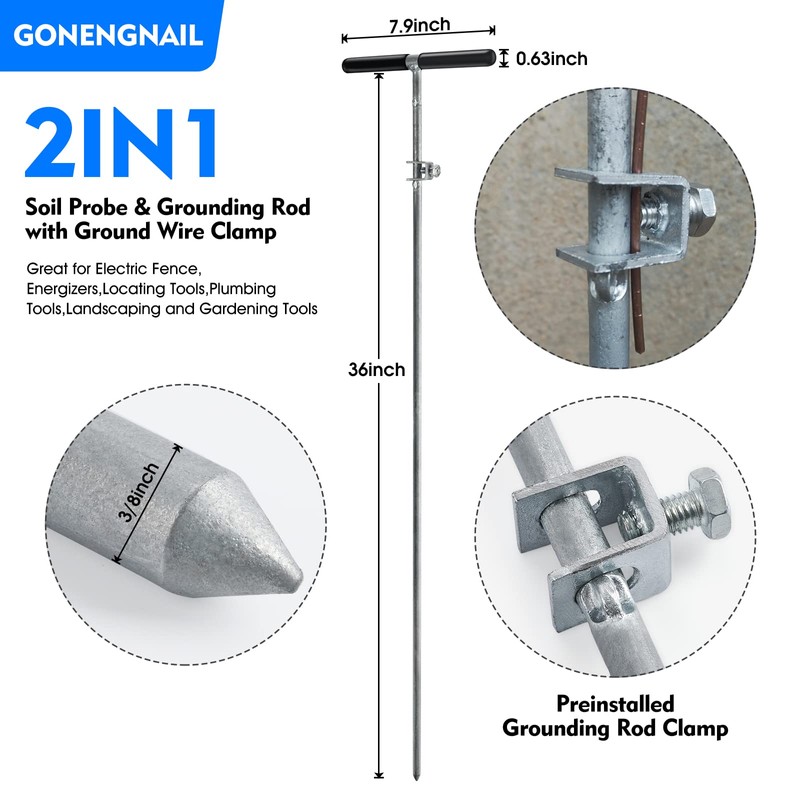 2in1 Soil Probe & Grounding Rod with Ground Wire Clamp,Great