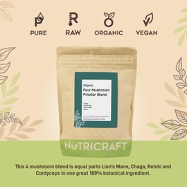 NutriCraft Organic Four Mushroom Blend Powder - 500g - Lion's Mane, Reishi, Cordyceps, Chaga, Vegan, Immune Support, Energy & Brain Health, No Additives or Preservatives