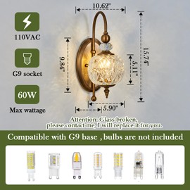 Piepooye Vintage Gold Wall Sconce with Glass Globe Shade Mid Century Brushed Brass G9 Bulb Vanity Light Indoor Wall Light for Bathroom Farmhouse Bedroom Living Room Hallway