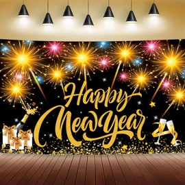 Giant Happy New Year 2025 Backdrop, 72x44 Inch Black Gold Fabric Happy New Year 2025 Banner Sign Champagne Fireworks for Celebrate New Year Party New Year Eve Ceremonies Holiday Party Decorations