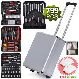 Flandre 799pcs Aluminum Trolley Case Tool Set Silver, House Repair Kit Set, Premium Quality Tool KitMechanics Tools Kit for Home Garage