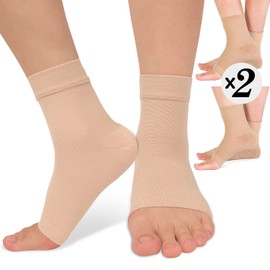 Paquete de 2 tobilleras de compresión de 8 a 15 mmHg, puntera abierta, calcetines de compresión para hinchazón, fascitis plantar, esguinces, nano soporte para mujeres y hombres, beige, XXL
