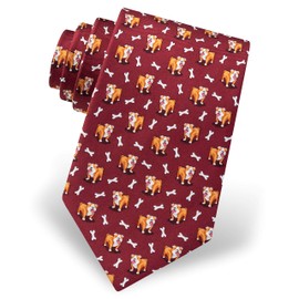 Men's 100% Silk Fetchin Bulldog Dog & Bones Animal Tie Necktie (Maroon)